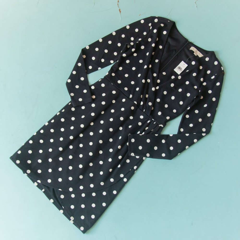 NEW Loft Black White Polka Dot Long Sleeve Faux Wrap Sheath Fit Dress Sz 2